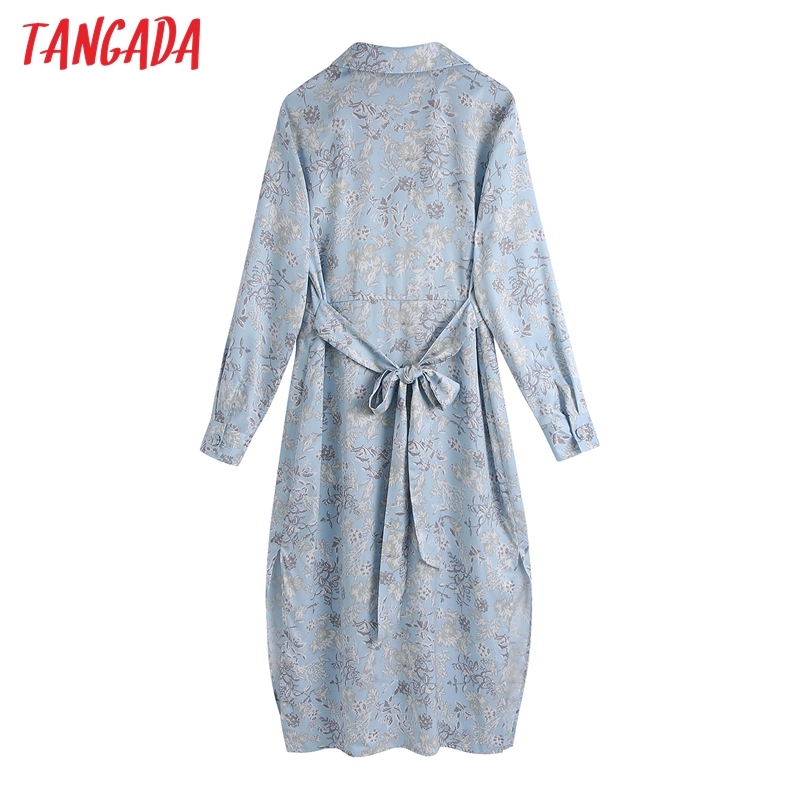 Fashion Women Flowers Print Shirt Long Sleeve High Street Ladies Midi Dress with Slash BE602 210416