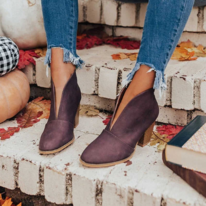 Winter Women Boots V Cutout Ankle Boots Stacked Heel Booties Fahsion Chelsea Boots PU Botas Zapatos Mujer SIze 35-43 210911
