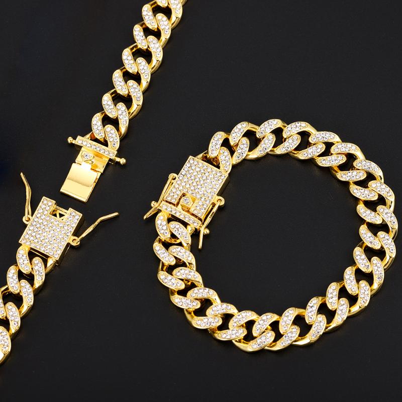 Dog Collars & Leashes Cuban Necklace Paved Rhinestones 12.5mm Width Chain Hip Hop Jewelry Gold Color Stainless Steel Material CZ Clasp Men