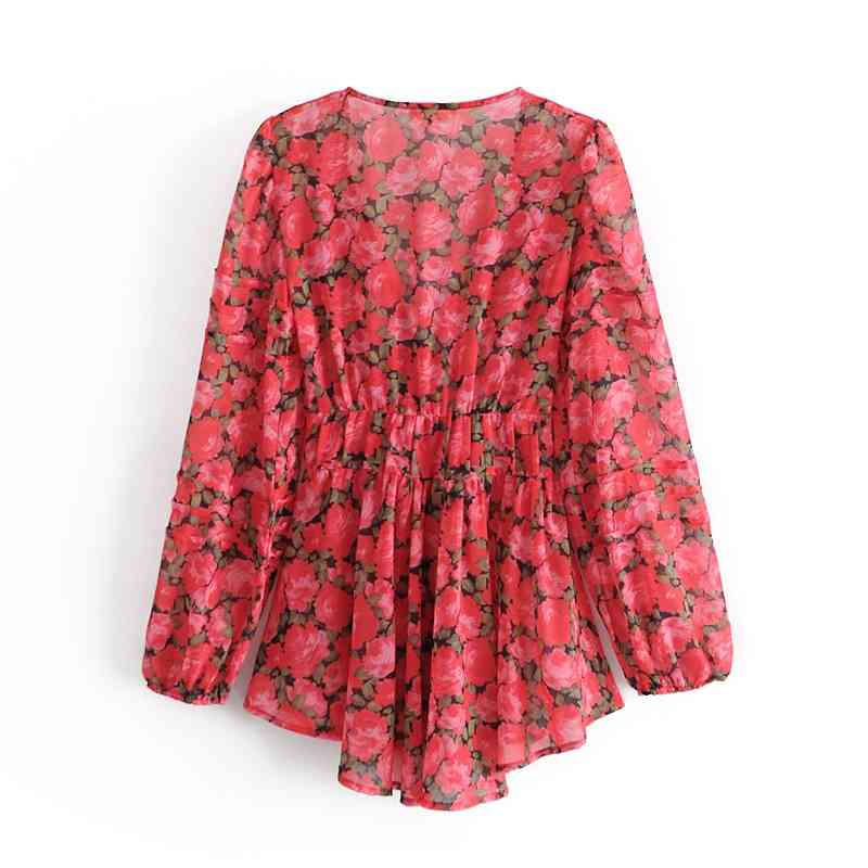 Spring Women BOHO Red Flower Print Shirt Dress Sexy Ladies Deep V neck Lantern Sleeve Center Buttons Mini Short Dresses 210429