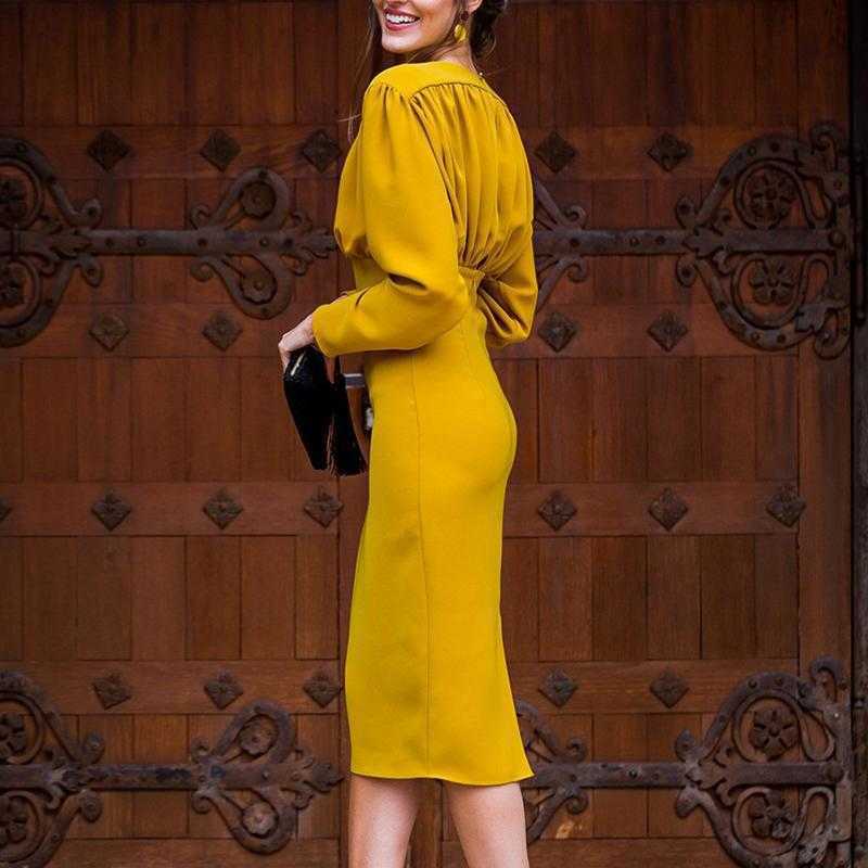 Women Dress V-neck Long Sleeve Yellow Vintage Dresses Plus Size Sexy Summer Clothes 210524