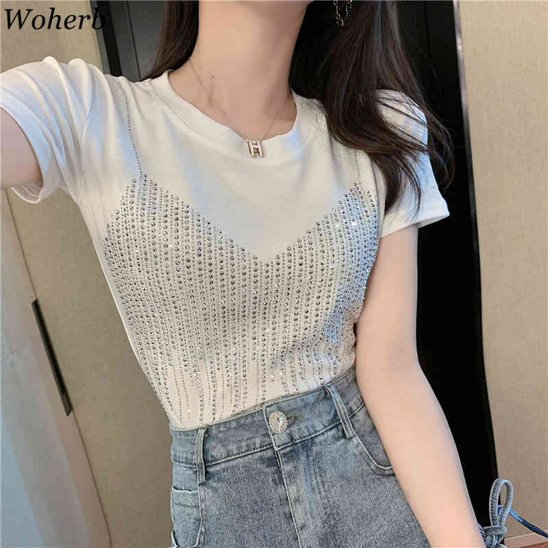 Diamond Short-sleeved T-shirt Summer Fashion Slim Fit O Neck Pullover Tees Shirts Korean Casual Loose Basic Tops 210519