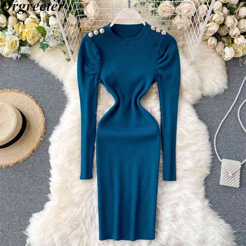 Fall Winter Button Deco Shoulder Sheath Knitted Dress Puff Sleeve O-neck Solid Long-sleeved Sweater Women 210602, Picture color 2
Fall Winter Button Deco Shoulder Sheath Knitted Dress Puff Sleeve O-neck Solid Long-sleeved Sweater Women 210602, Picture color 2