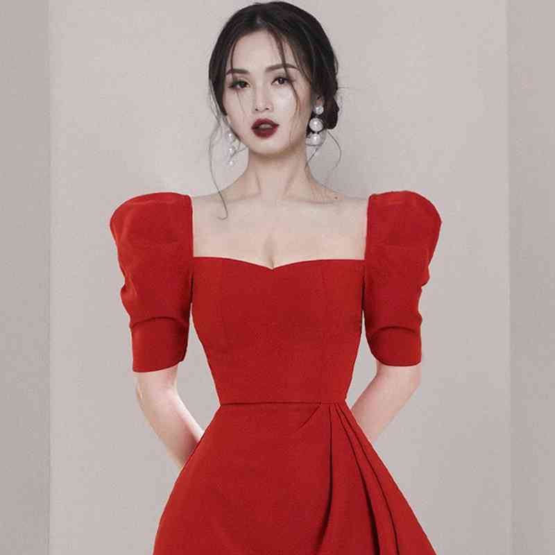 Sexy Asymmetry Women Puffed Sleeves Dress Square Neck Slim Waist Party Dresses Summer Vintage Elegant 210520