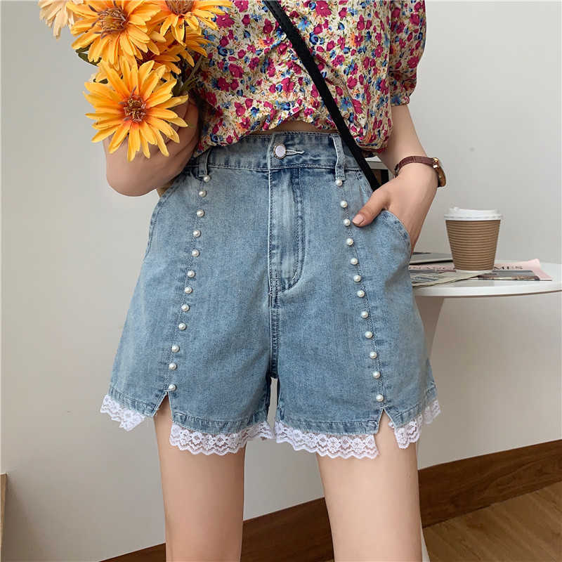 Korean Beads Women Demin Short Lace Ruffle Patchwork Sweet Elegant Bottoms Summer Jenas Feminimos 6G290 210603