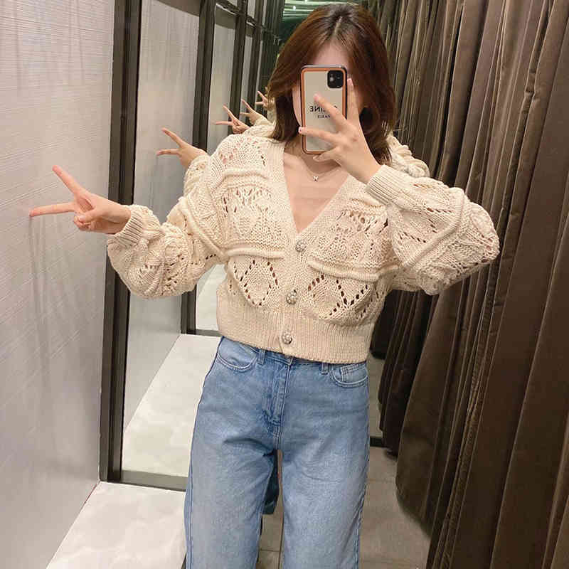 Knitted Cardigan Women Vintage Sweater Cute Cropped V Neck Pearl Buttons Long Sleeve Hollow Out Truien Strickjacke Damen Knit 210521