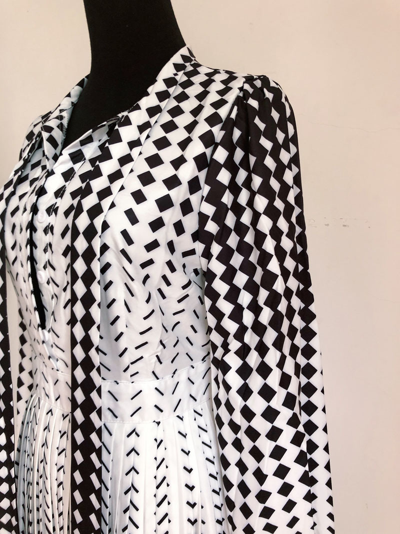 black white plaid printed bow collar lace up pleated midi dress women lady office dresses A-line plus size 2XL vestidos 210421