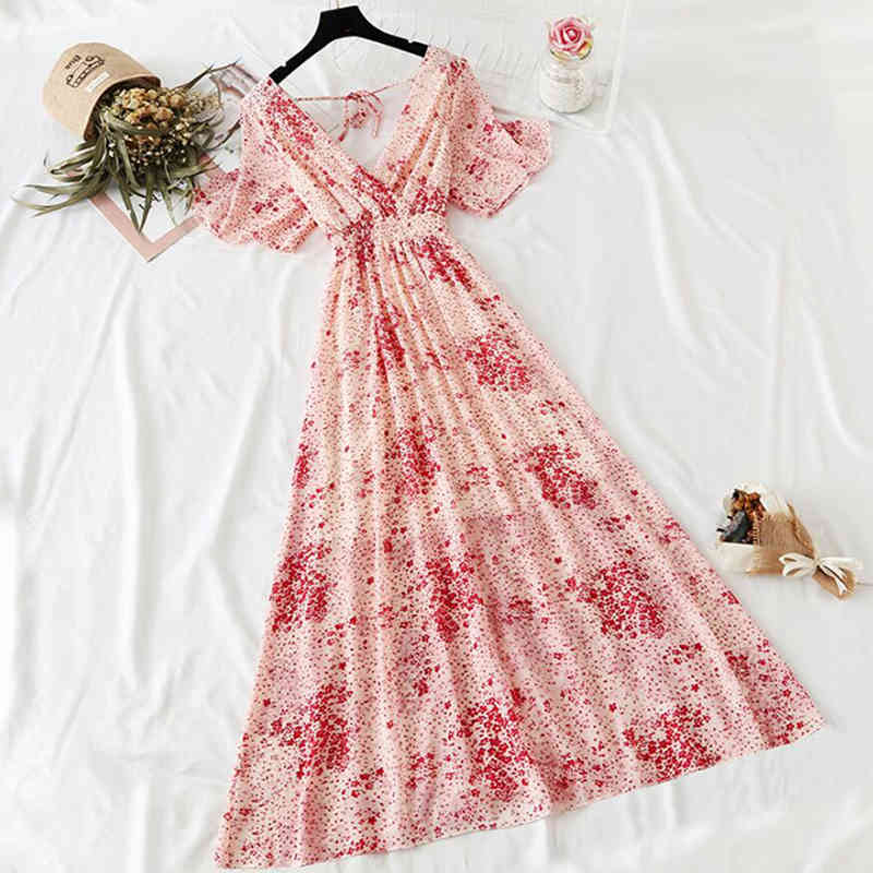 Elegant Ruffles Chiffon Women Long Dress Floral Print Summer Sexy V-neck Backless Maxi Beach Dress Short Sleeve Vestidos 210521