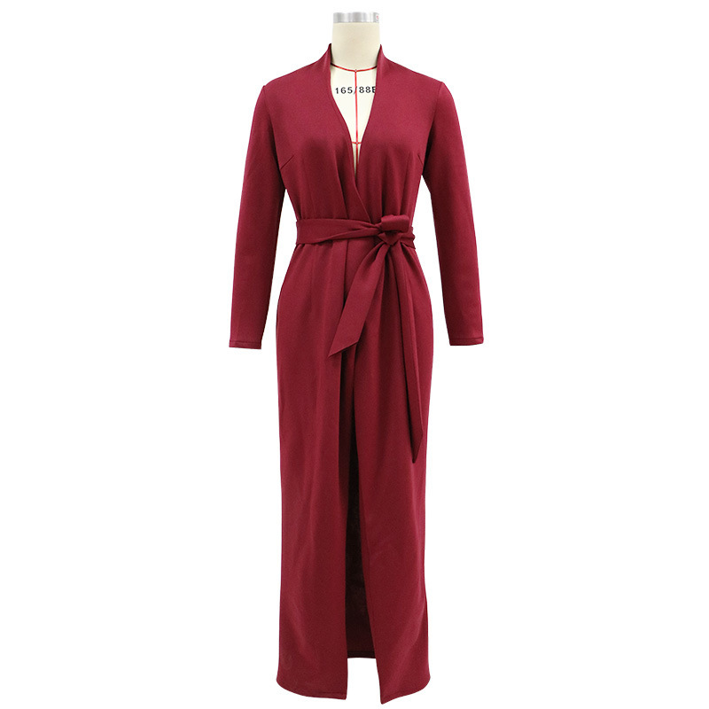 Women Dress Temperament Maxi es V Neck Long Sleeve Split Vintage Lace Up High Waist Slim Ladies es 210513