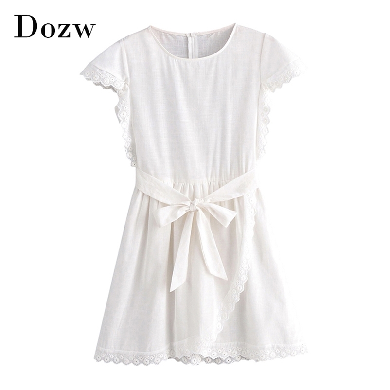Women Lace Patchwork White Cotton Dresses Short Sleeve Solid Casual Sashes Female O Neck Summer Elegant Mini 210515