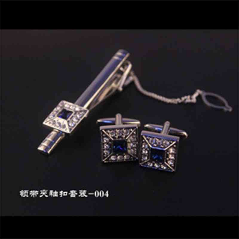 Men's Diamond Inlaid Silver Gold Tie Clip Metal Cufflinks 2-piece Set Boutique 5