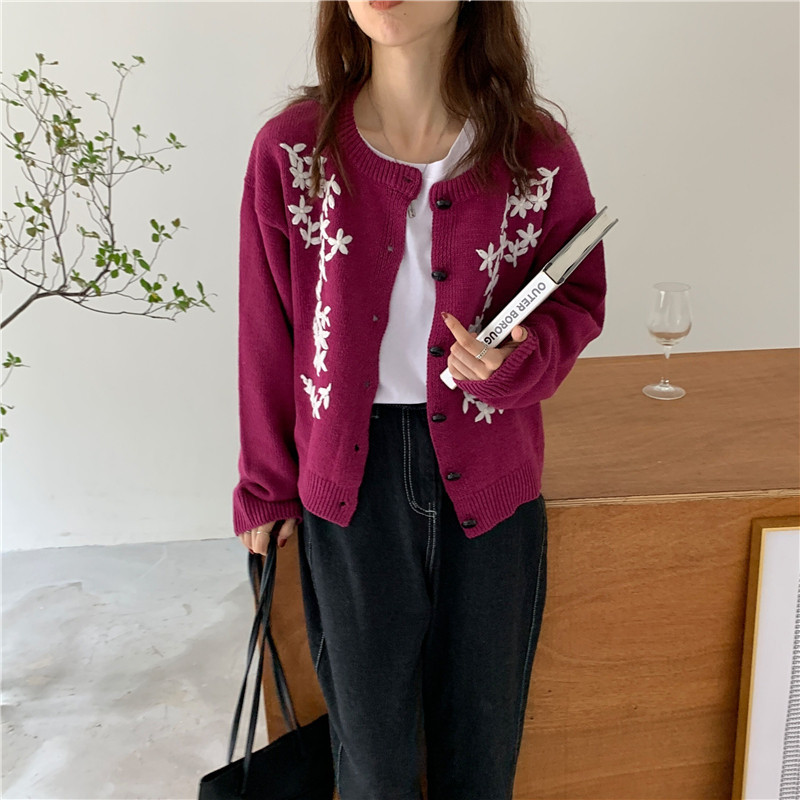 Autumn Winter Sweater Office Lady Work Vintage Floral Embroidery Tops Long Sleeve Knitted Sweaters Cardigan 210421