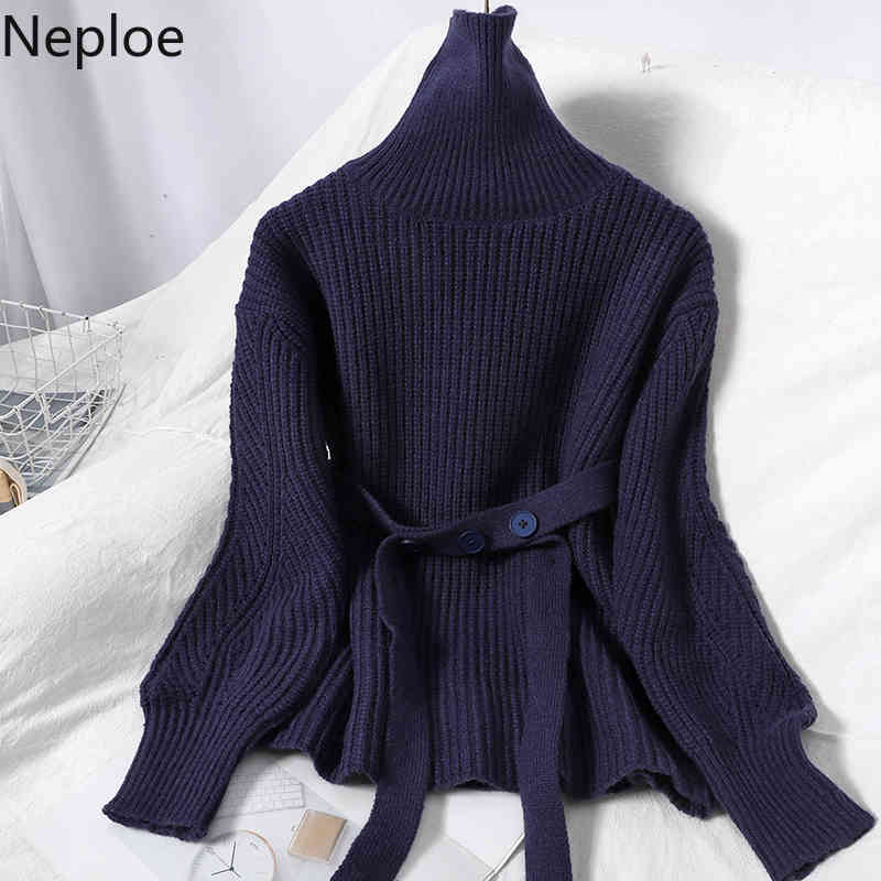 Neploe Winter Clothes Woman Sweaters Tuitleneck Lace Up Knitted Pullovers Women Korean Temperament Loose Jumper Sueter Mujer 210422