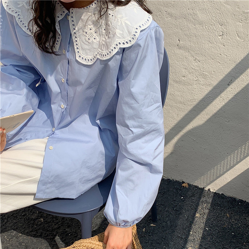 Korean Patchwork Lace Peter Pan Collar Casual Brief Chic Sweet Girls High Quality Femme Loose All Match Shirts 210421