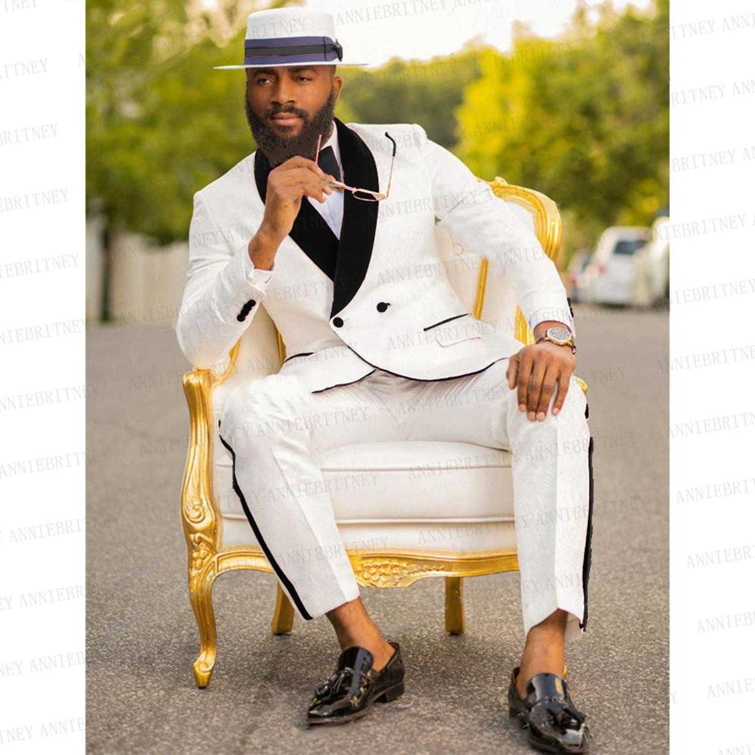 White Mens Wedding Suit 2 piece Custom Bridegroom Prom Party Tuxedo Slim Fit Blazer Red Velvet Double Breasted Jacket with Pants X0909
