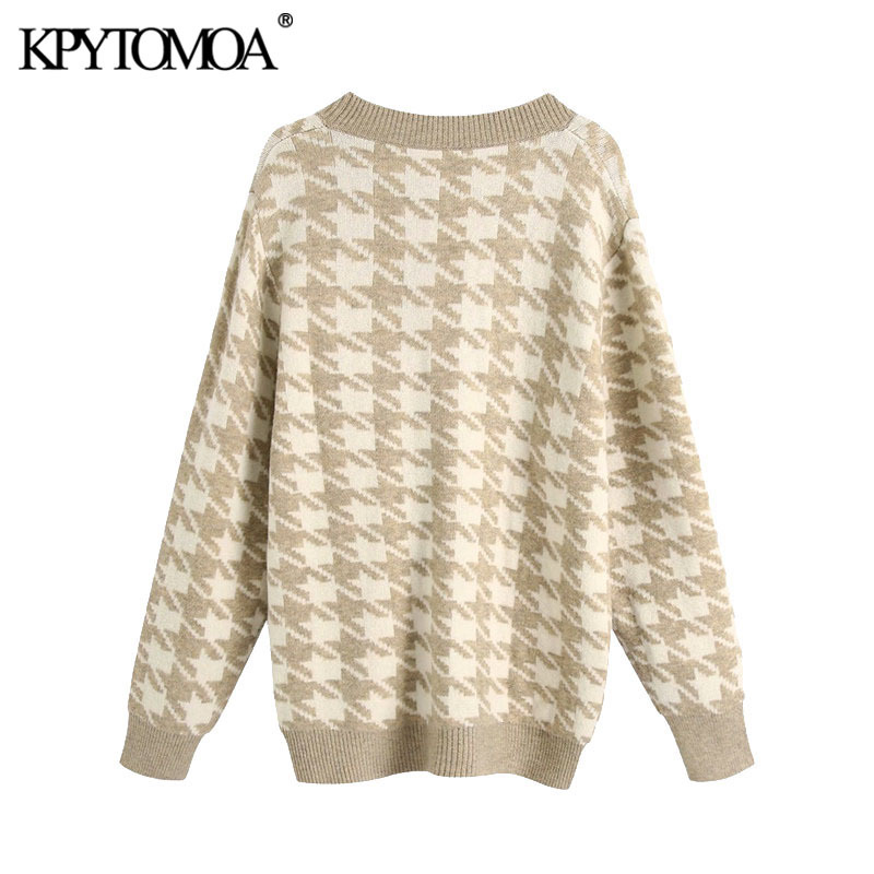 Women Fashion Oversized Houndstooth Knitted Cardigan Sweater V Neck Long Sleeve Female Outerwear Chic Tops 210420