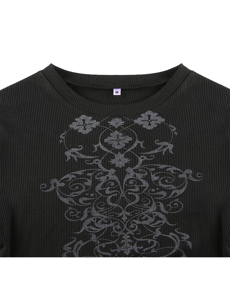 Grunge Fairycore Crop Tshirts Graphic Print Long Sleeves Slim Tops Tee Casual Crewneck Autumn Winter Fashion Harajuku Cloth 220315