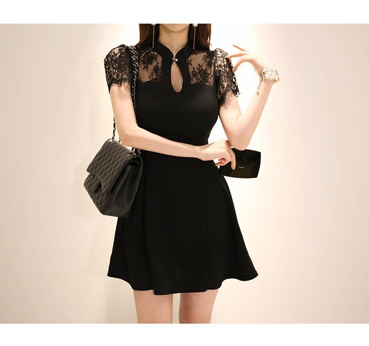 Summer Women Black Lace patchwork Short Sleeve Stand collar Elegant Office Mini Dress Vintage A-line Dresses Vestidos 210519