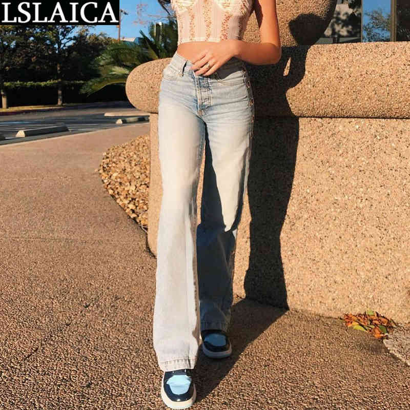 Jeans Casual Solid Color Pocket Women's Fashion Personality Street Metal Buckle Hollow High-waisted Straight Denim Trousers 210515