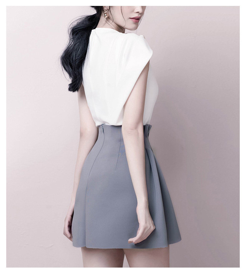 Summer Women 2 Piece Set Chic white Beading sleeveless chiffon Shirt Tops + High Waist Mini Ball Gown Skirt Suits 210518