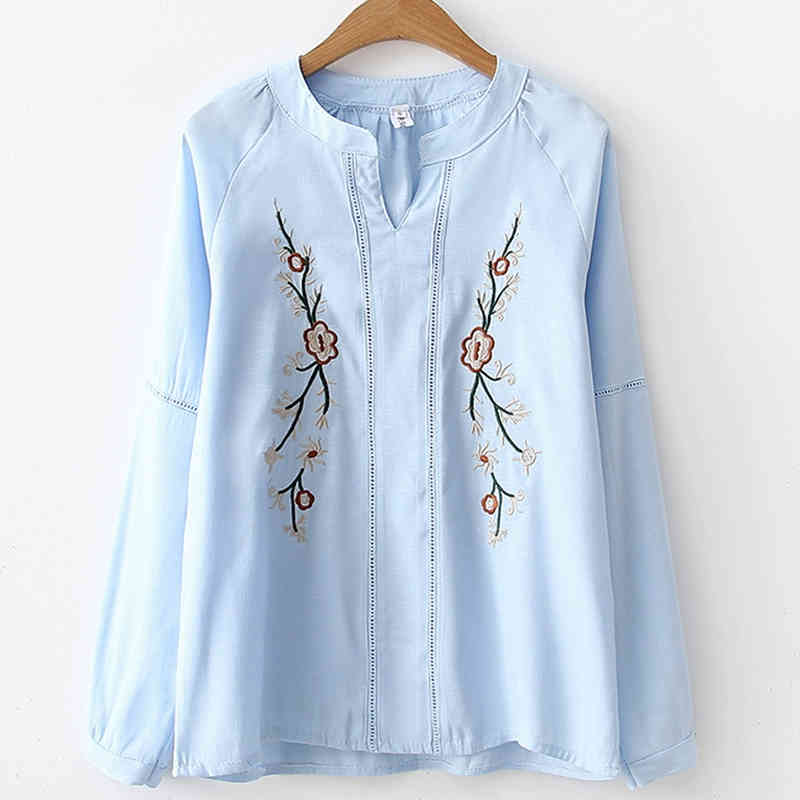 blusas mujer de moda Fashion Long Sleeve V-neck Casual Embroidery Floral Women Clothing Blouses and Shirt 5144 50 210427
