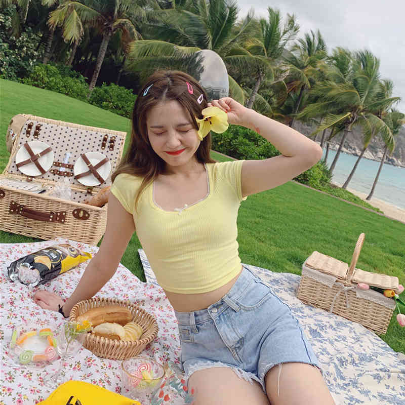 Women Square Neck Short Sleeve Rib T-shirt Crop Top 210406