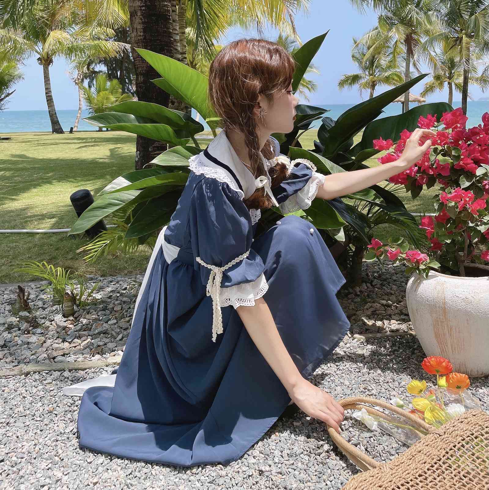 French Vintage Dresses Women Fashion Lace With Doll Collar Short Sleeve Elegant Single-Breasted Chiffon Dress Females 210519