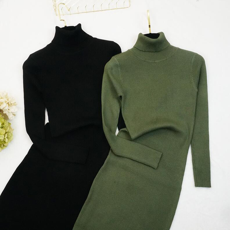 Women Dress Autumn Winter Turtleneck Knitted Dress Long Sleeve Slim Ladies Bodycon Bottoming Sweater Dresses Vestidos 210521