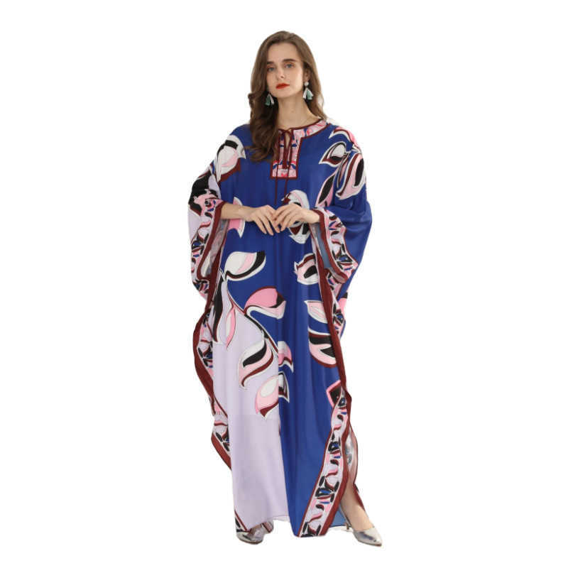 Autumn Plus Size Loose Print Big Swing O-Neck Batwing Sleeve Ankle-Length Dresses Women 210615Z