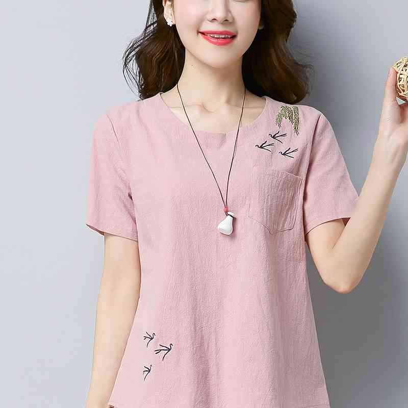Summer Sweet Solid Cotton Linen Women Shirt Blouse Short Sleeve Tops Blusas Embroidery Female Clothing D834 30 210506