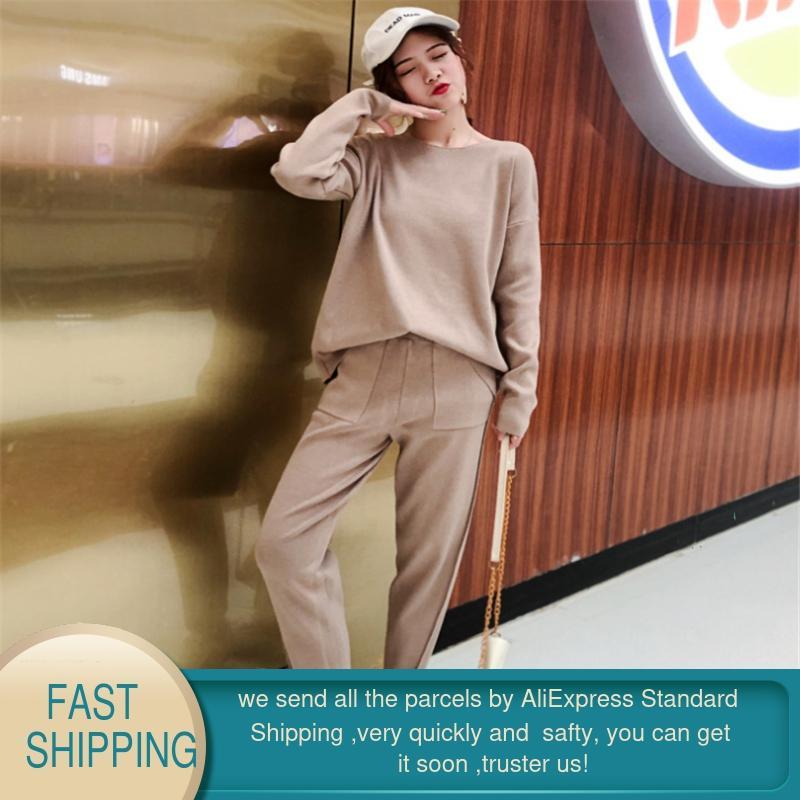 Autumn Women Suit Warm Cashmere Sport Sweater Two Piece Knitted Set Casual Tracksuit Elegant Jogger Sweatsuit 210428
