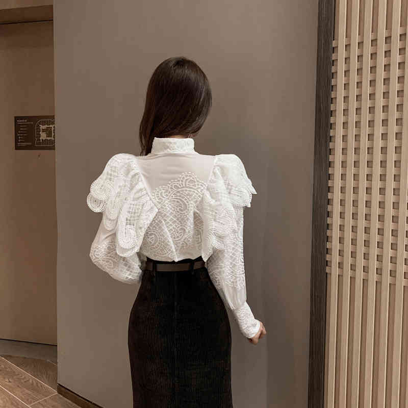 Fashion Women Stand Collar Ruffles Lantern Sleeve Embroidery Lace Blouse High Waist Corduroy Coffee Two Piece Skirt Set 210520