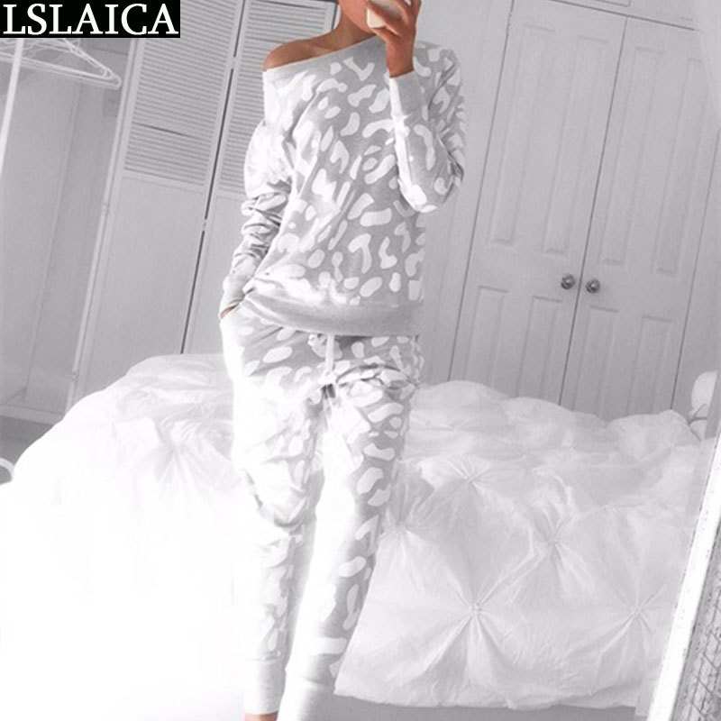 Casual Wear Ladies Pajamas Loose Round Neck Print Home Loungewear Fashion Autumn Winter Long Sleeve Women Two Piece Outfits 210520, White