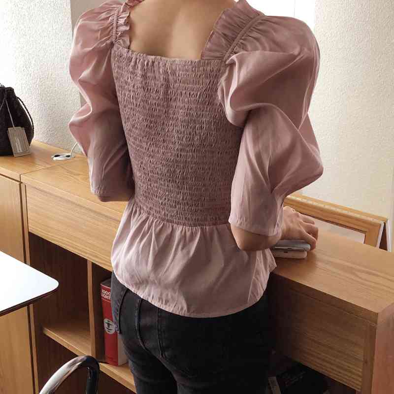 Nomikuma Women Blouse Ruffle Square Collar Puff Sleeve Shirt Summer New Slim Waist Short Blusas Feminimos Top 6H286 210427