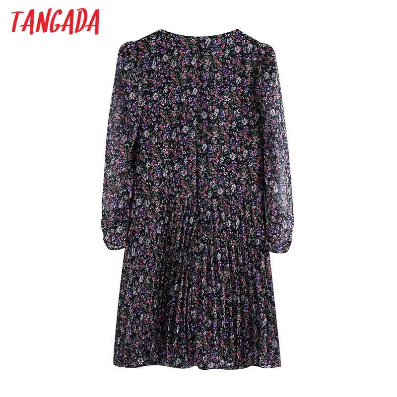 Women Floral Print Pleated Chiffon Dress Back Zipper Long Sleeve Casual Female Short Vestidos BE195 210416