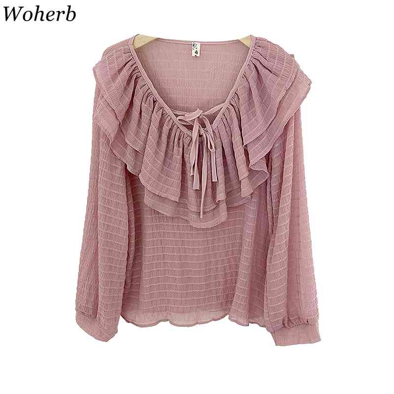 Ruffles Women Blouse Peter Pan Collar Vintage Long Sleeve Solid Korean Blusas Mujer Summer Loose Shirts Elegant Tops 210519