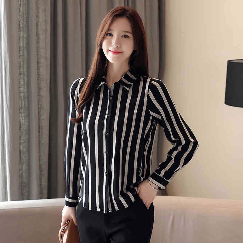 Long Sleeve Chiffon Striped Blouse Women Shirt OL Button Cardigan Plus Size Womens Blouse Shirt Camisas Mujer 6765 50 210401