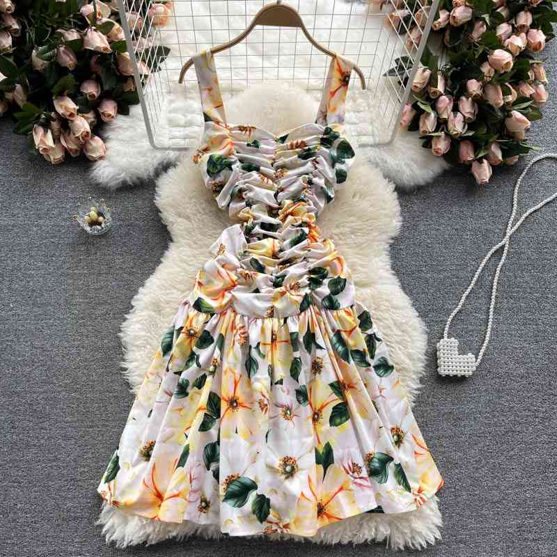 Fashion Ruffles Ruched Spaghetti Strap Cotton Dress Women Square Collar Backless Floral Print Ball Gown Pleats Summer Dress 210515