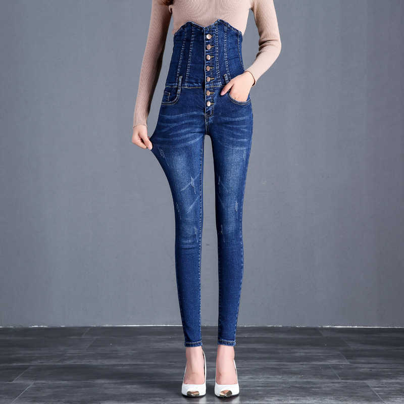 Women's high waist Skinny Jeans trousers fashion Women Simple black blue Stretch Cotton casual jeans Pencil Denim Pants 210922