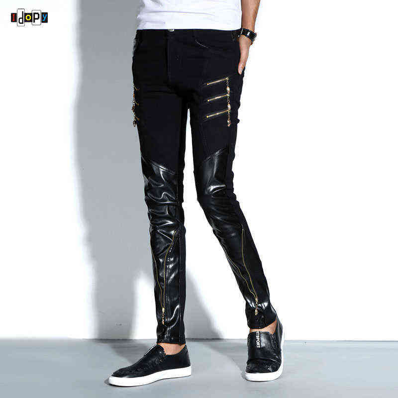 Idopy Arrival Spring Fashion Mens Punk Skinny Pants For Man Cool Cotton Casual Pants Zipper Slim Fit Black Goth Trousers 211120