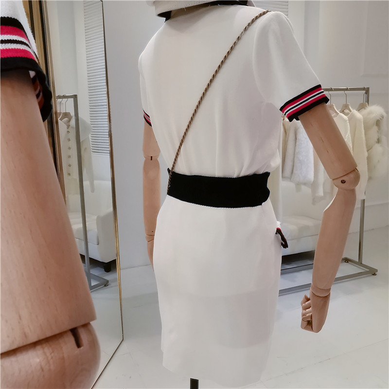 Summer Women Runway Turn-down Collar Striped Knitted Tops Short Sleeve Sweater + Gold Buttons Mini Pencil Skirt Set 210515