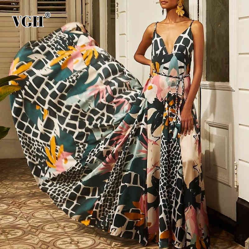 VGH Print Sling Dress For Women V Neck Sleeveless High Waist sashes slim Hit Color Summer Casual Dresses Female Fashion 210421