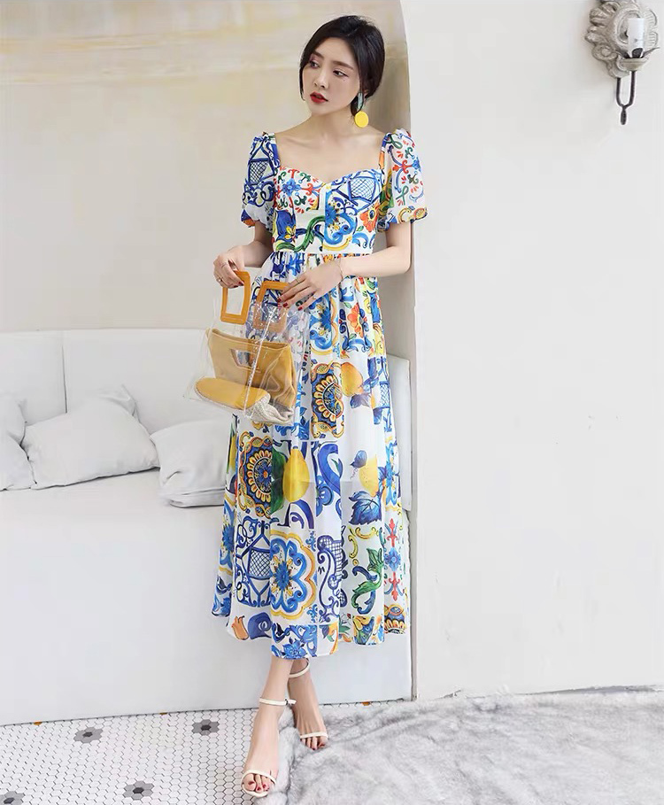victorian square collar puff sleeve blue and white vintage printed summer maxi dress for women lady fashion chic robe 210421