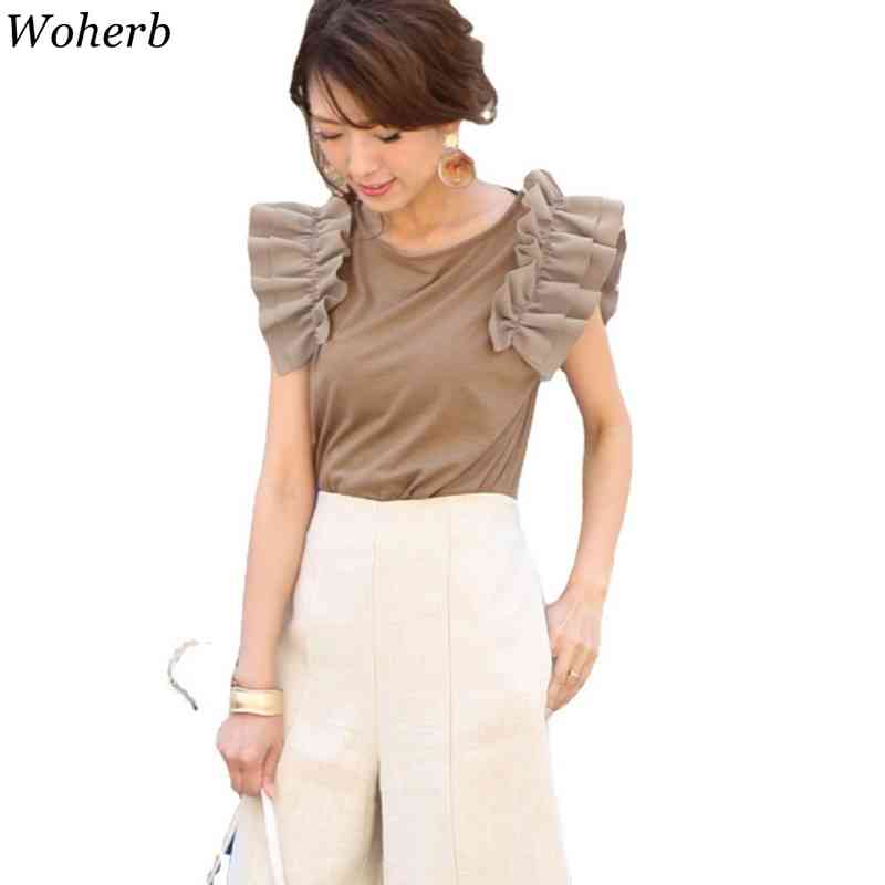 Korean Casual Ruffles Short Sleeve T-shirts for Women Chic Summer Solid Tshirt Female Fashion Top Lady Tees 210519