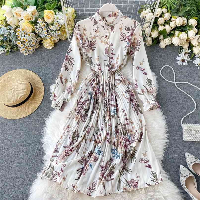 Holiday Women Fashion Autumn Dress Lady Stand Collar Thin Long Sleeve Pleated Printed Vestidos K597 210527