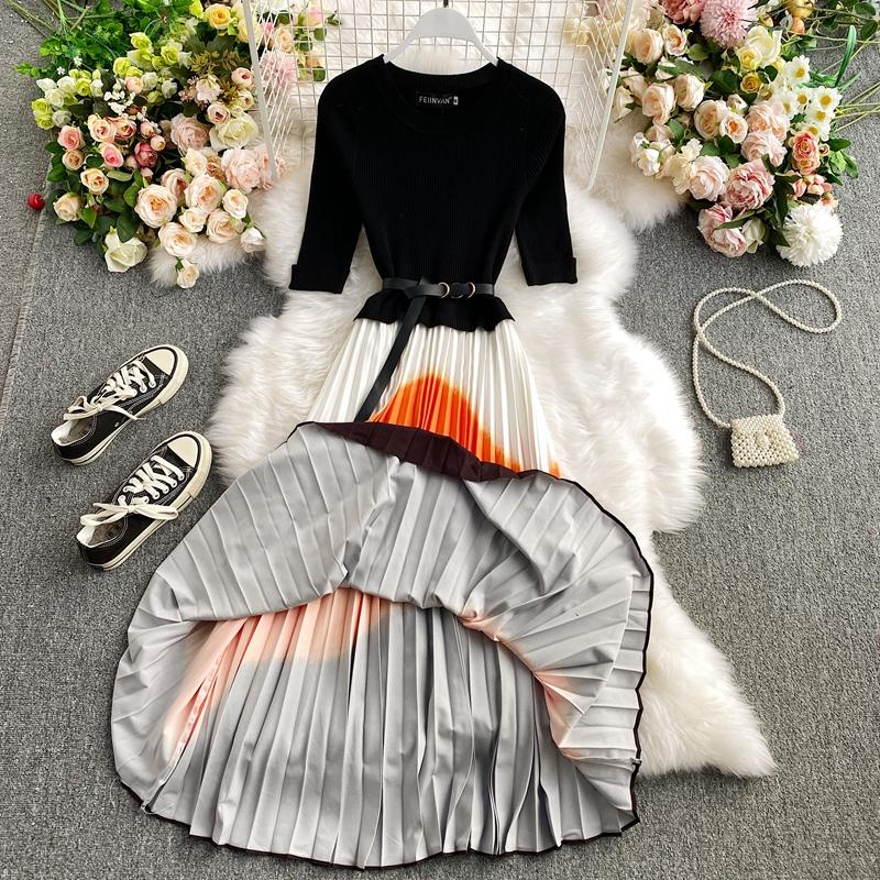 Long Sleeve Knitted Stitching Round Neck Pleated Dress Women 1012 Casual Dresses