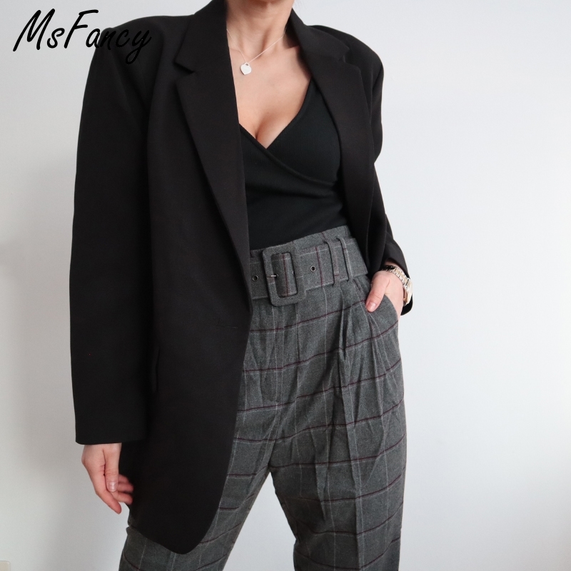 Msfancy Spring Fashion Black Blazer Suits Women Plus Size Tailleur Femme Single Button Oversized Casual Jacket 210330
