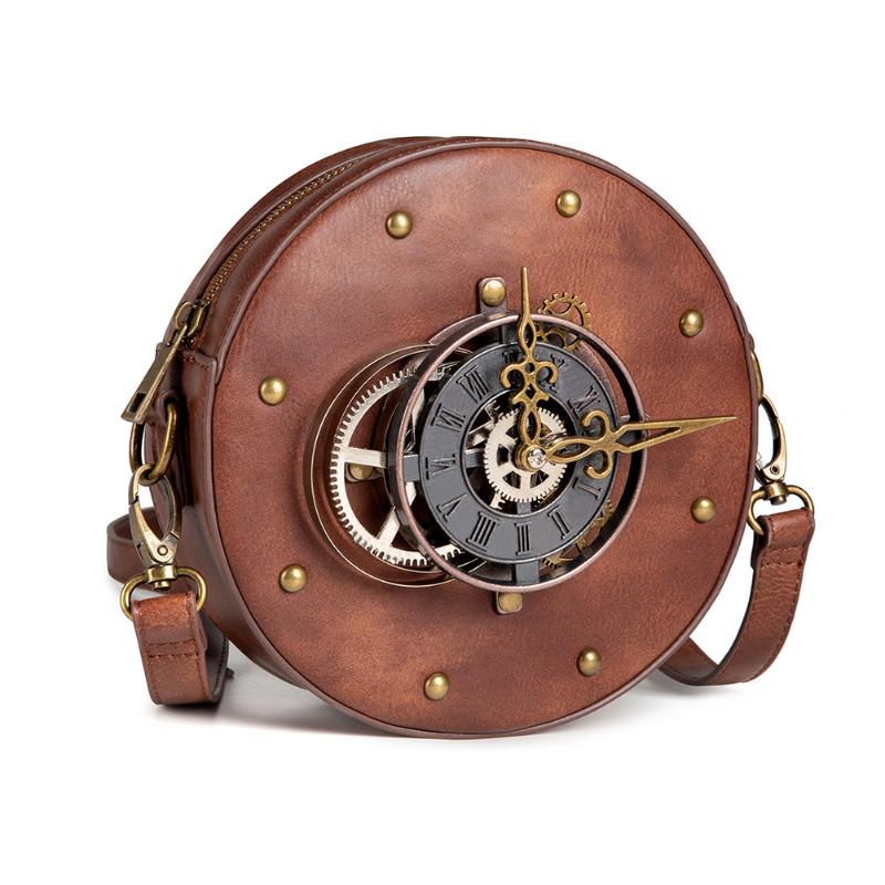 Evening Bags Female Vintage Retro Steam Punk Gear Wheel Clock Round Handbag Women Vegan Pu Leather Rivets Small Size Brown Crossbody Bag
Evening Bags Female Vintage Retro Steam Punk Gear Wheel Clock Round Handbag Women Vegan Pu Leather Rivets Small Size Brown Crossbody Bag