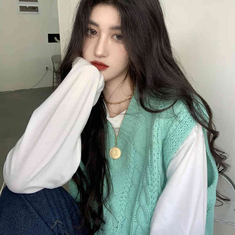 4 colors korean style V-neck soild color loose sleeveless vest sweaters womens knitted sweaters womens pullovers (C9831) 210423