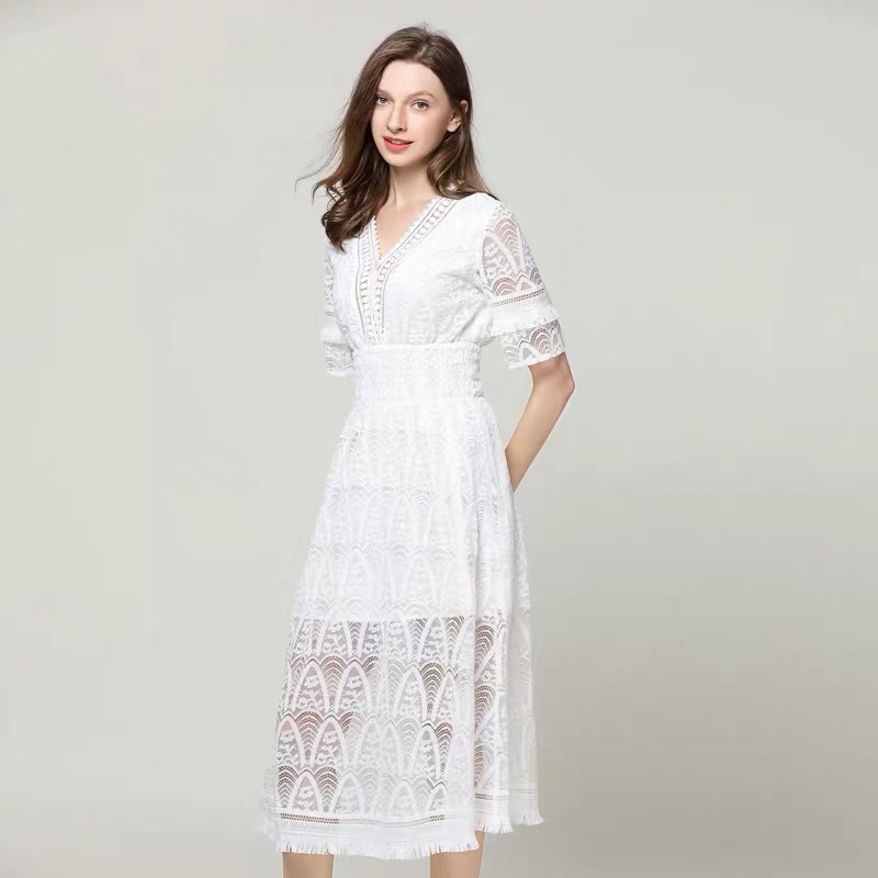 summer vocation white lace v-neck tassel midi dress short sleeve hollow out robe dresses party causal 210421